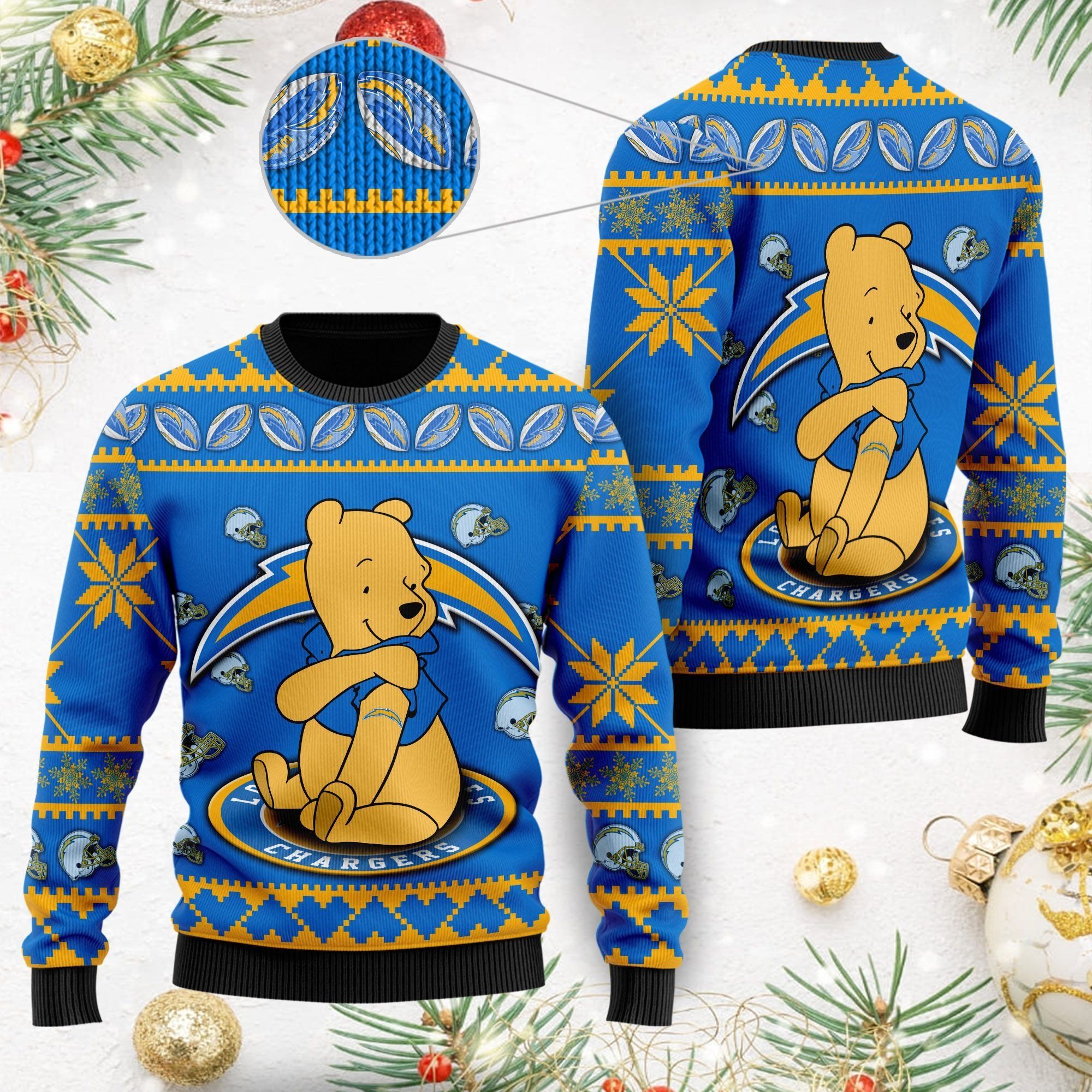 Los Angeles Chargers NFL American Football Team Logo Cute Winnie The Pooh Bear 3D Ugly Christmas Sweater