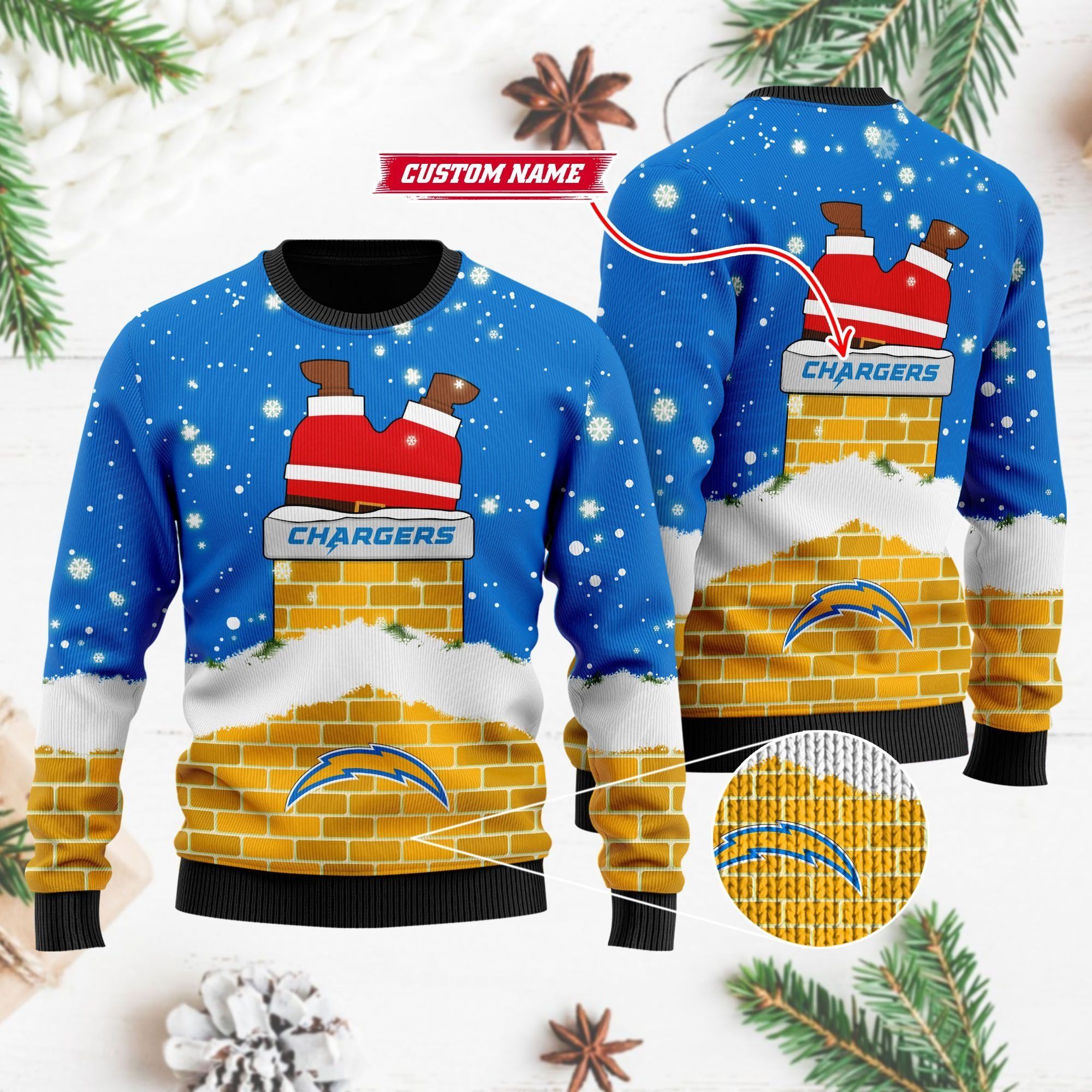 Los Angeles Chargers NFL Football Team Logo Symbol Santa Claus Custom Name Personalized 3D Ugly Christmas Sweater
