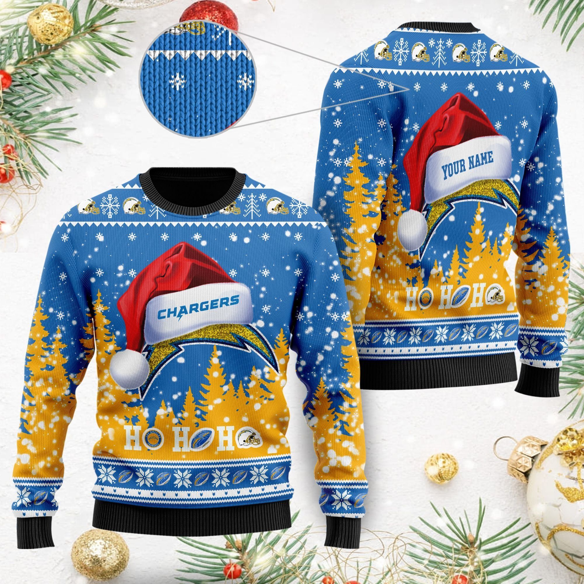 Los Angeles Chargers Symbol Wearing Santa Claus Hat Cute Pattern Ho Ho Ho Custom Personalized Ugly Christmas Sweater For Football Fans On Xmas Party