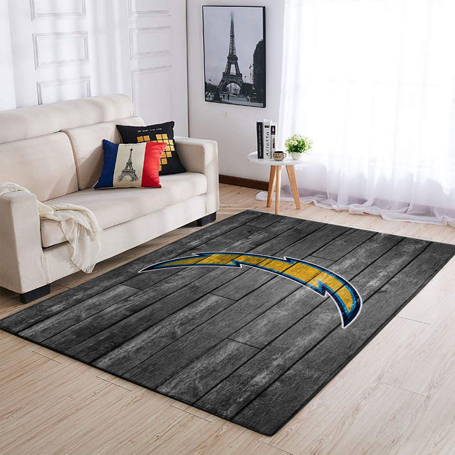 Los Angeles Chargers Team Logo Grey Wooden Rectangle Area Rug – Full Print Carpet For Living Room & Bedroom Home Decor