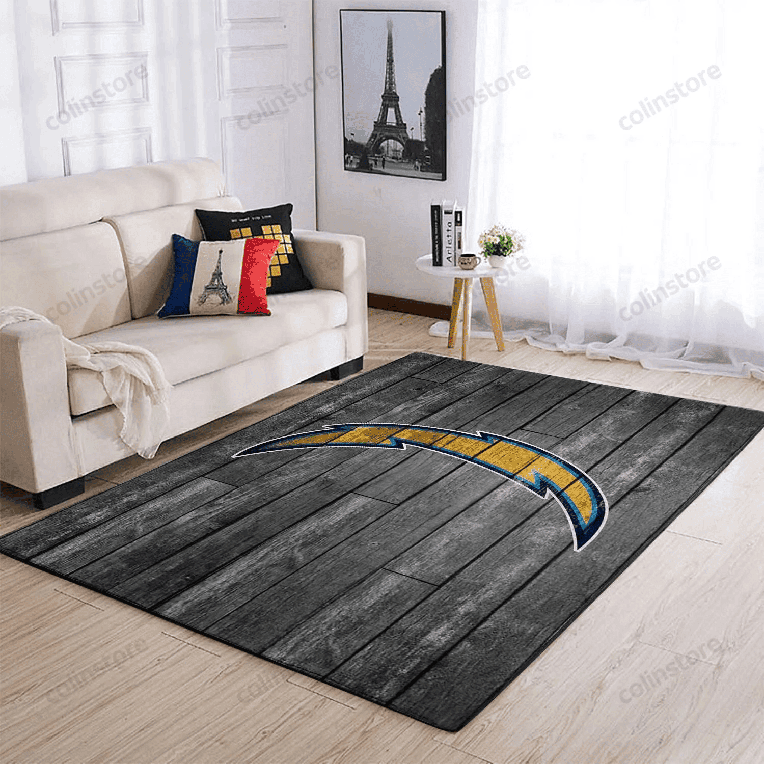 Los Angeles Chargers Team Logo Grey Wooden Rectangle Area Rug – Full Print Carpet For Living Room & Bedroom Home Decor