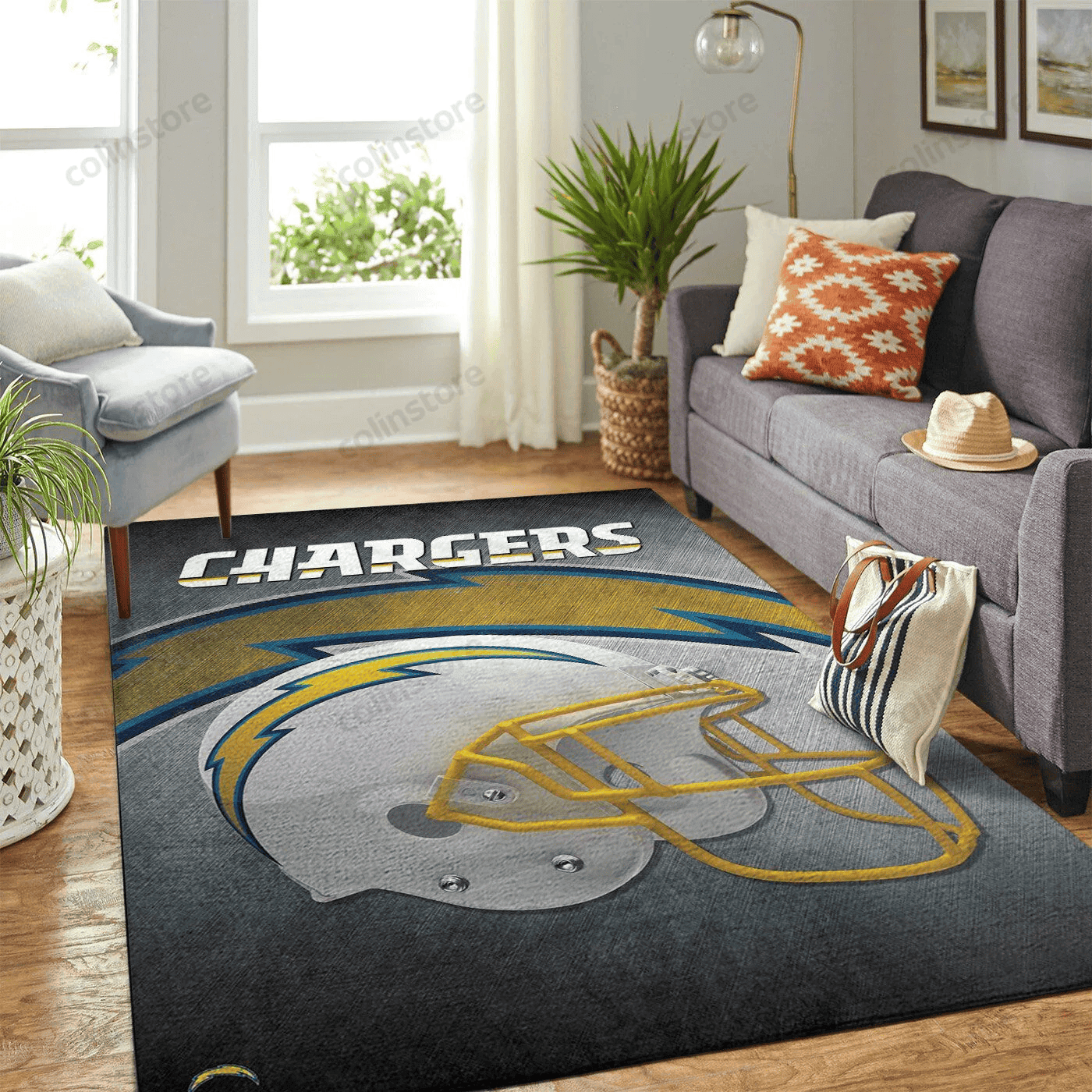 Los Angeles Chargers Team Logo Helmet Rectangle Area Rug – Full Print Carpet For Living Room & Bedroom Home Decor