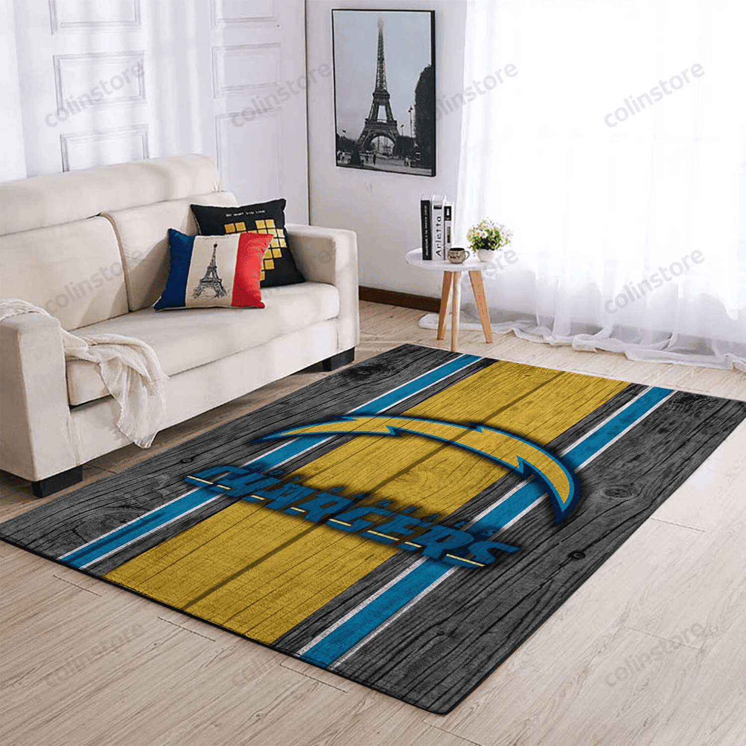 Los Angeles Chargers Team Logo Wooden Rectangle Area Rug – Full Print Carpet For Living Room & Bedroom Home Decor