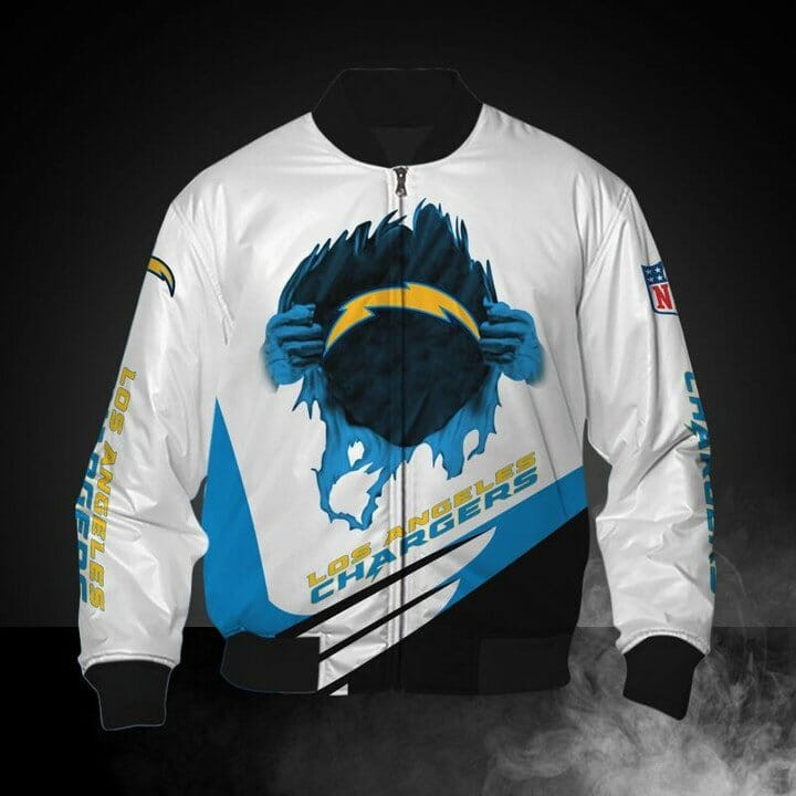 Los Angeles Chargers White Blue Bomber Jacket | NFL Team Jacket for Men & Women | Football Fan Gift