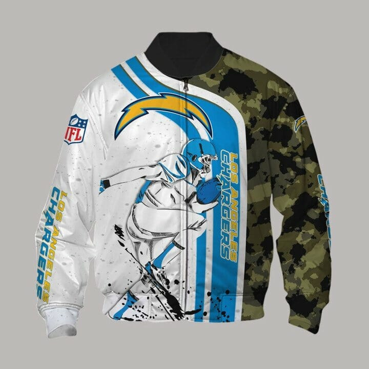 Los Angeles Chargers White Blue Camo Bomber Jacket | NFL Team Jacket for Men & Women | Football Fan Gift