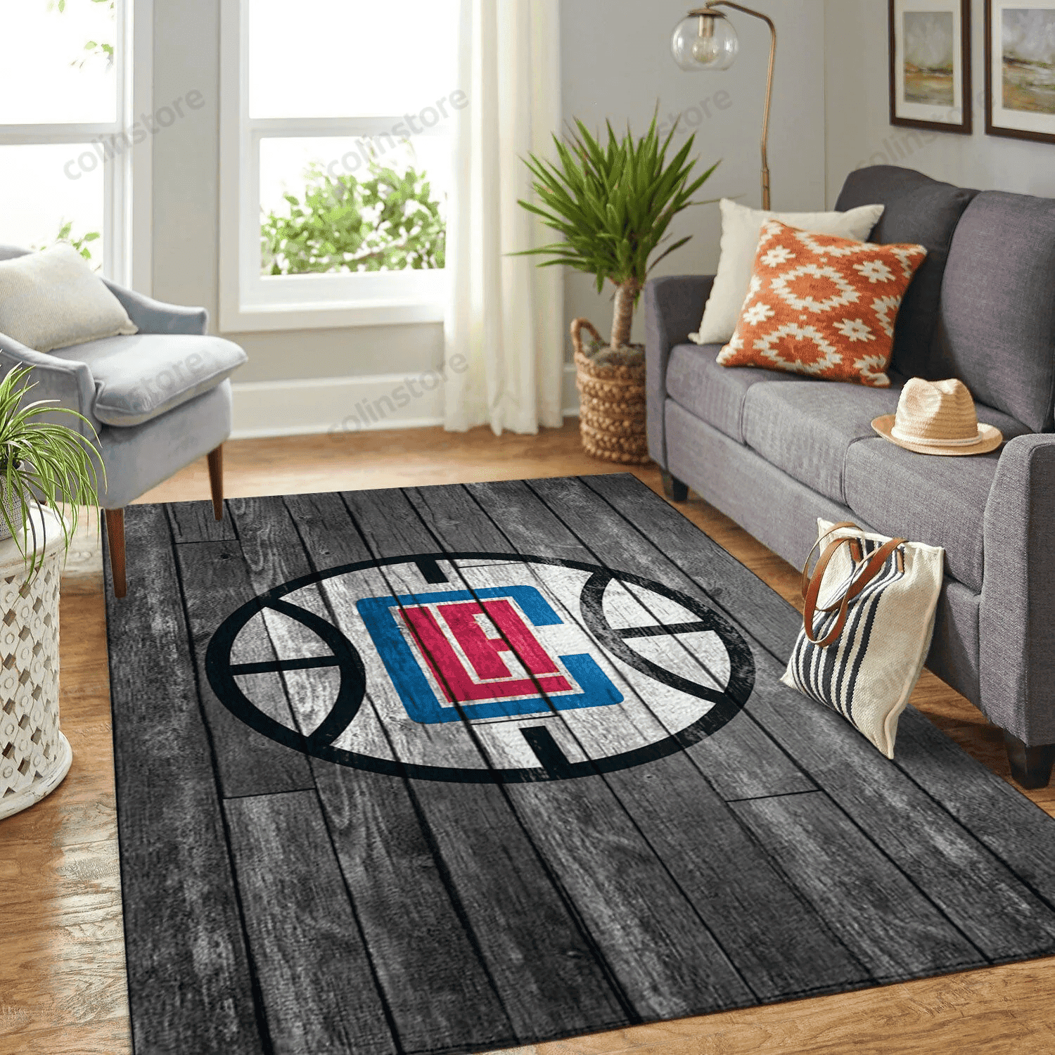 Los Angeles Clippers Team Logo Grey Wooden Style 3D Rectangle Area Rug – Full Print Carpet For Living Room & Bedroom Home Decor