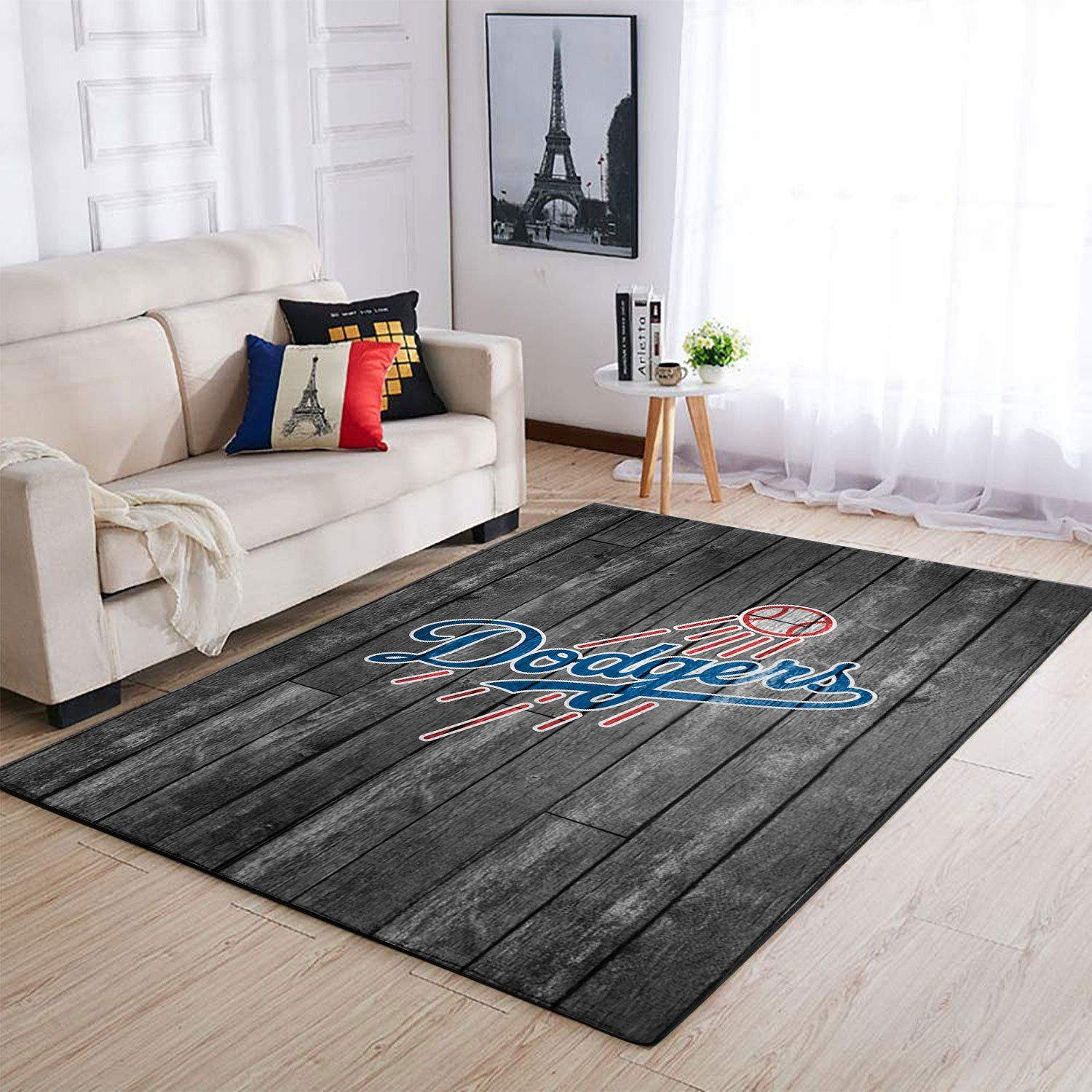Los Angeles Dodgers Team Logo Grey Wooden Rectangle Area Rug – Full Print Carpet For Living Room & Bedroom Home Decor