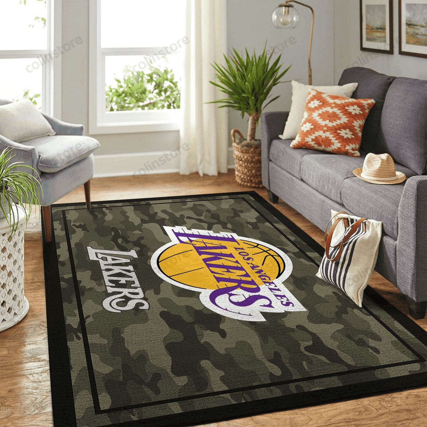 Los Angeles Lakers Team Logo Camo Rectangle Area Rug – Full Print Carpet For Living Room & Bedroom Home Decor
