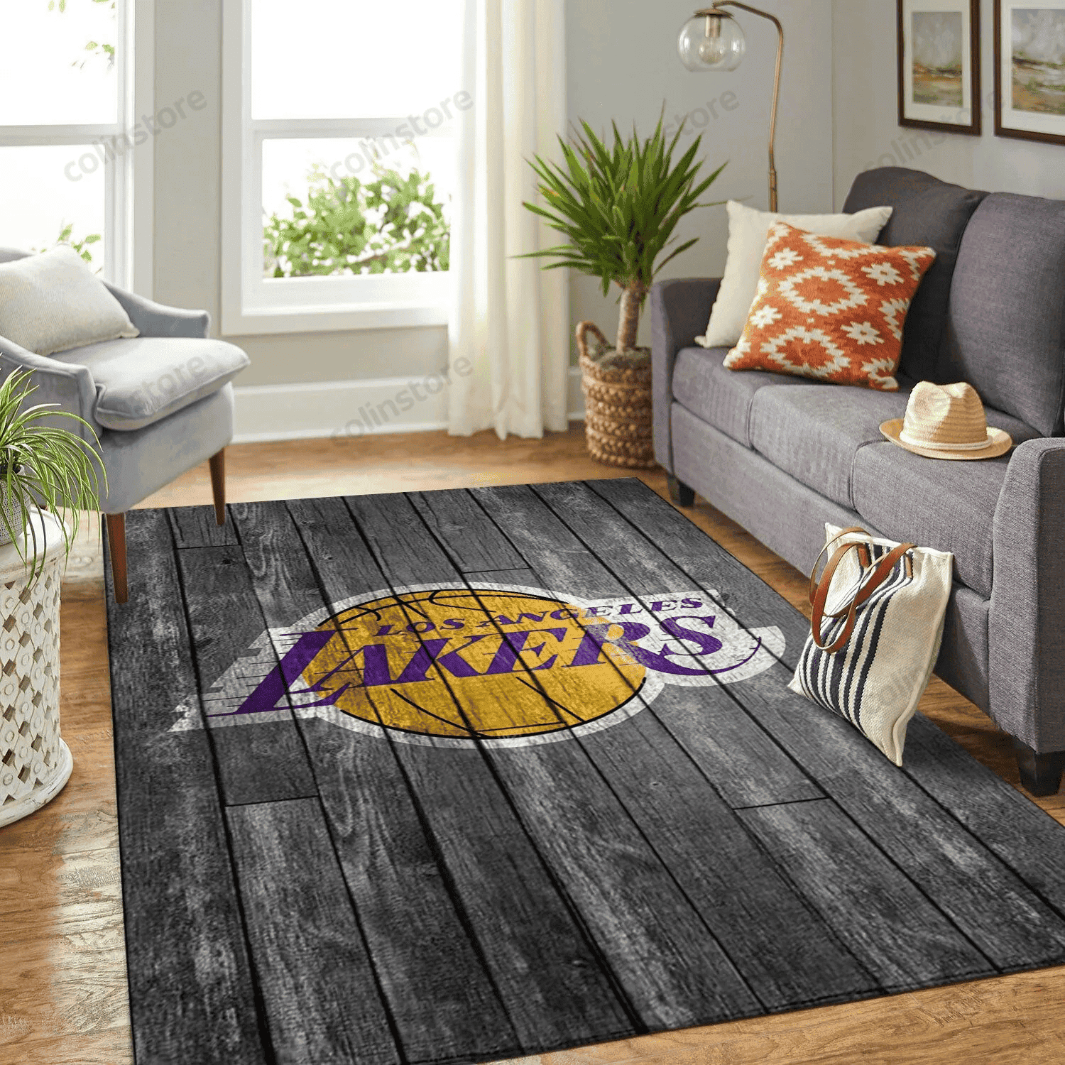 Los Angeles Lakers Team Logo Grey Wooden Rectangle Area Rug – Full Print Carpet For Living Room & Bedroom Home Decor