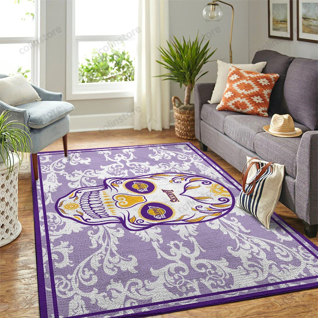 Los Angeles Lakers Team Logo Skull Flower Rectangle Area Rug – Full Print Carpet For Living Room & Bedroom Home Decor