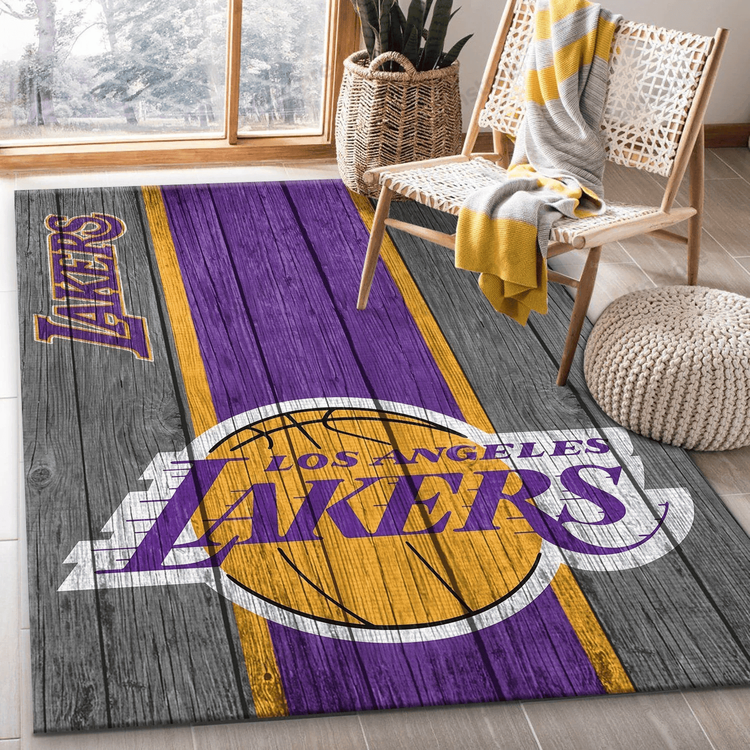 Los Angeles Lakers Team Logo Wooden 3D Rectangle Area Rug – Full Print Carpet For Living Room & Bedroom Home Decor
