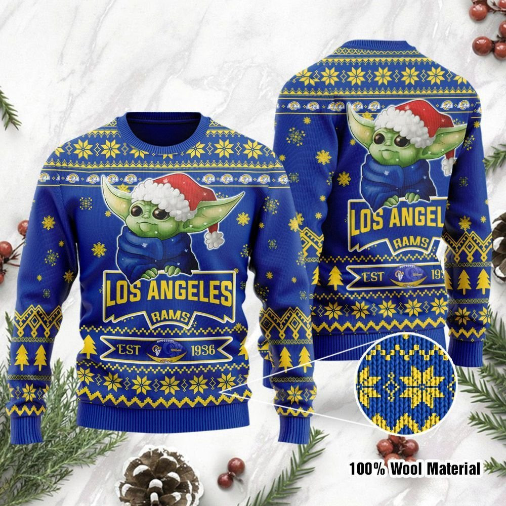 Los Angeles Rams Cute Baby Yoda Grogu Ugly Christmas Sweater, Perfect Holiday Gift
