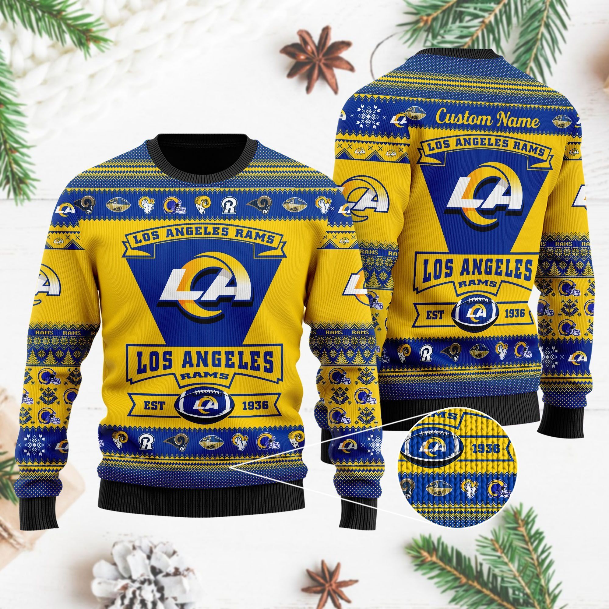 Los Angeles Rams Football Team Logo Custom Name Personalized Ugly Christmas Sweater Holiday Party Men Women Plus Size