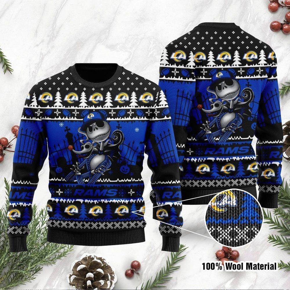 Los Angeles Rams Jack Skellington Halloween Ugly Christmas Sweater Holiday Party Men Women Full Plus Size