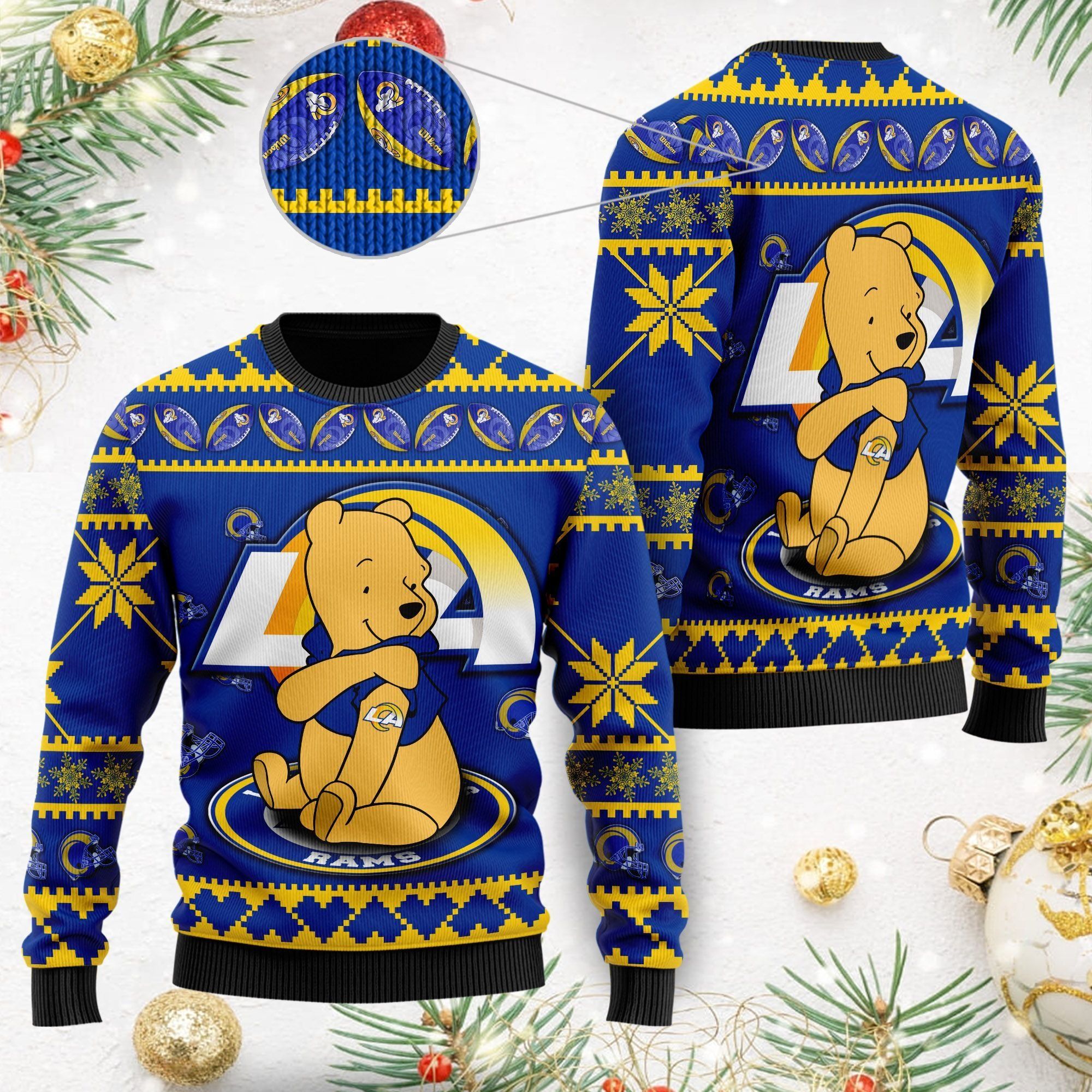 Los Angeles Rams NFL American Football Team Logo Cute Winnie The Pooh Bear 3D Ugly Christmas Sweater