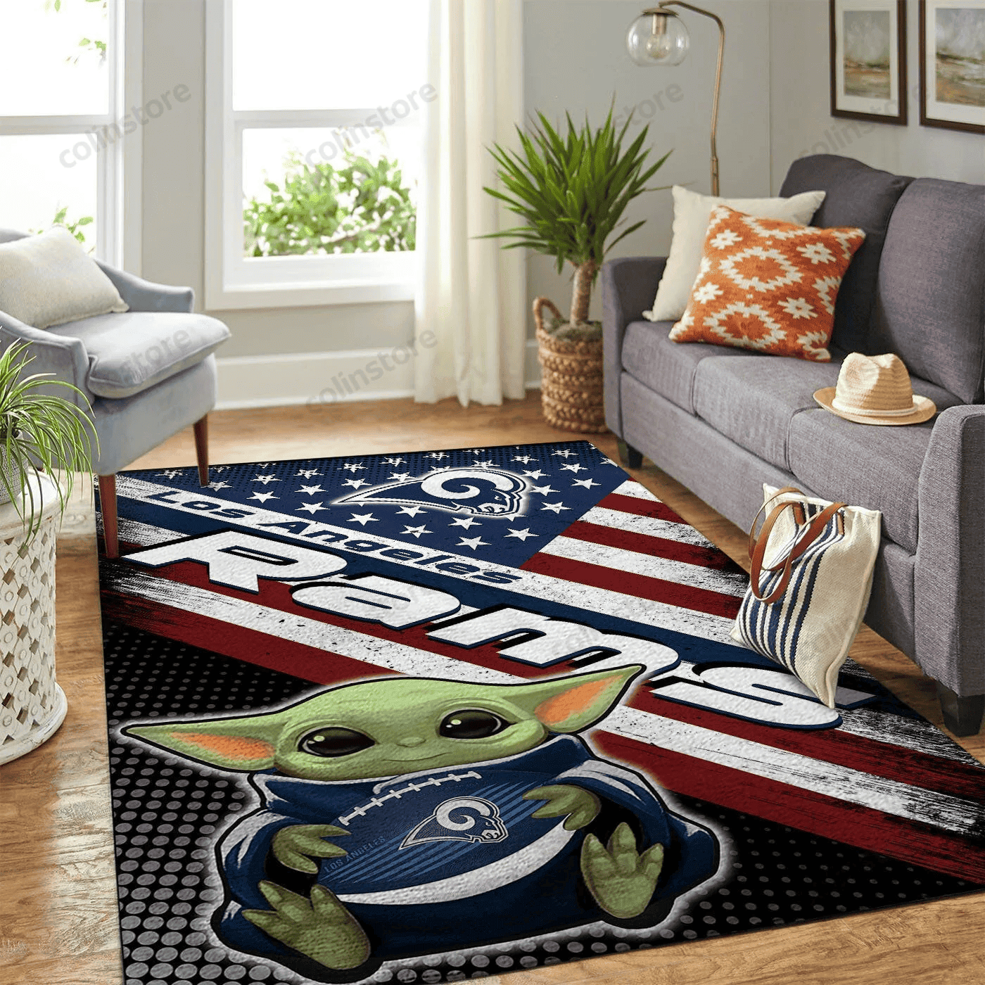 Los Angeles Rams Team Logo Baby Yoda Us Rectangle Area Rug – Full Print Carpet For Living Room & Bedroom Home Decor