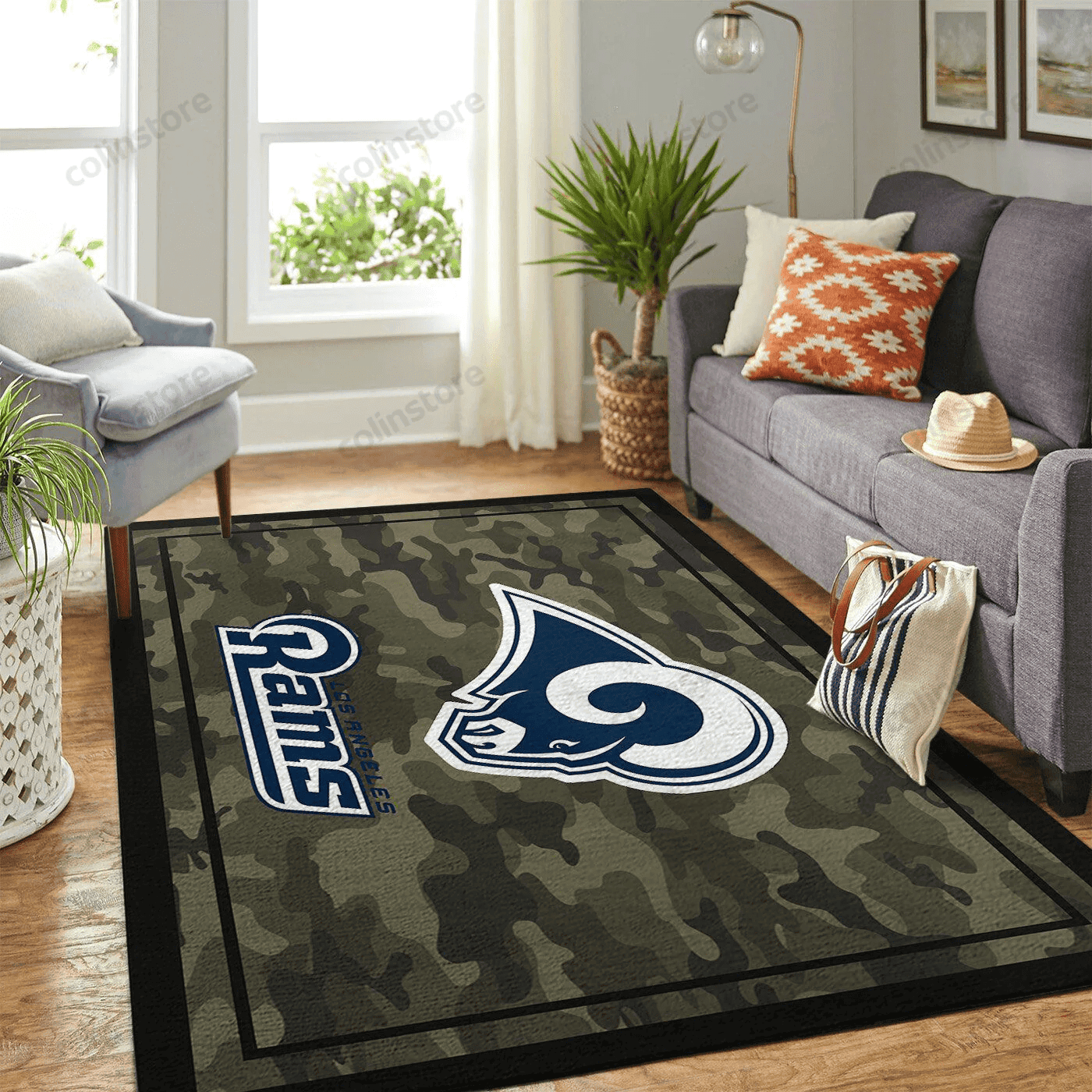 Los Angeles Rams Team Logo Camo Rectangle Area Rug – Full Print Carpet For Living Room & Bedroom Home Decor