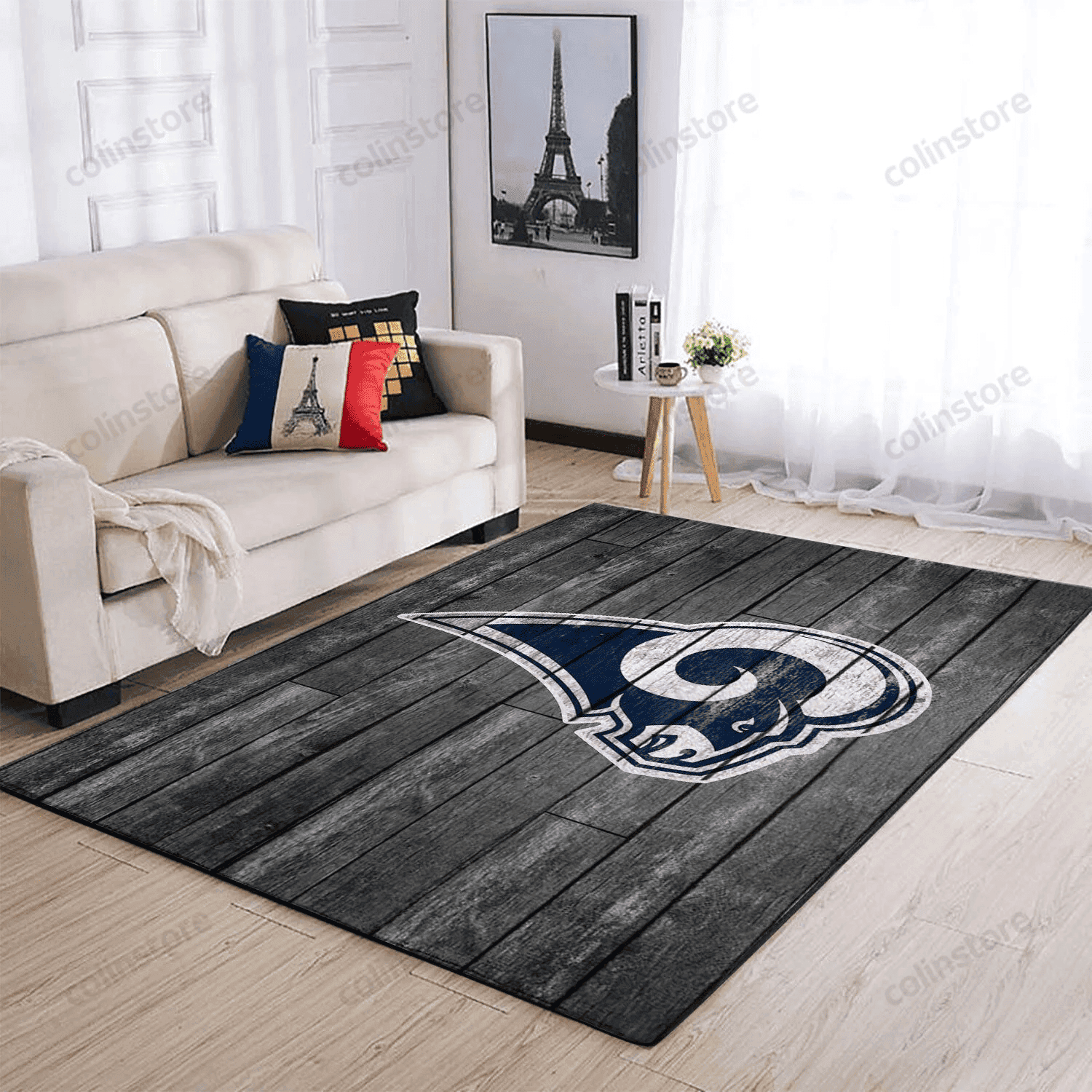Los Angeles Rams Team Logo Grey Wooden Rectangle Area Rug – Full Print Carpet For Living Room & Bedroom Home Decor