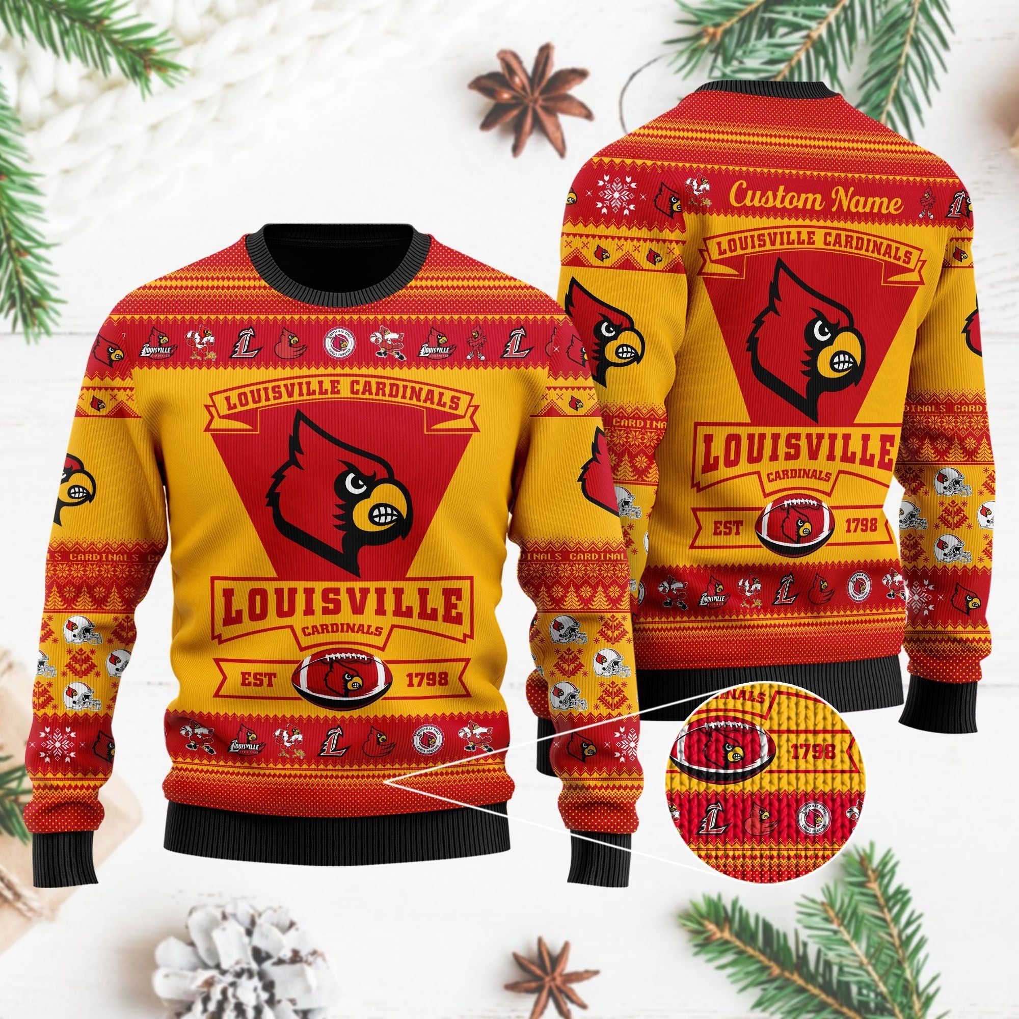 Louisville Cardinals Football Team Logo Custom Name Personalized Ugly Christmas Sweater Holiday Party Men Women Plus Size
