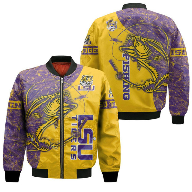 LSU Tigers Fan Fishing Lover Bomber Jacket | NCAA College Team Jacket for Men & Women | Sports Fan Gift