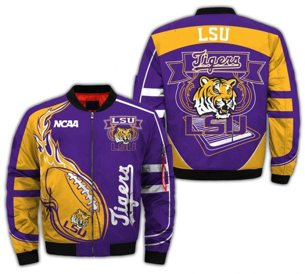 LSU Tigers Fire Ball Bomber Jacket | NCAA College Team Jacket for Men & Women | Sports Fan Gift