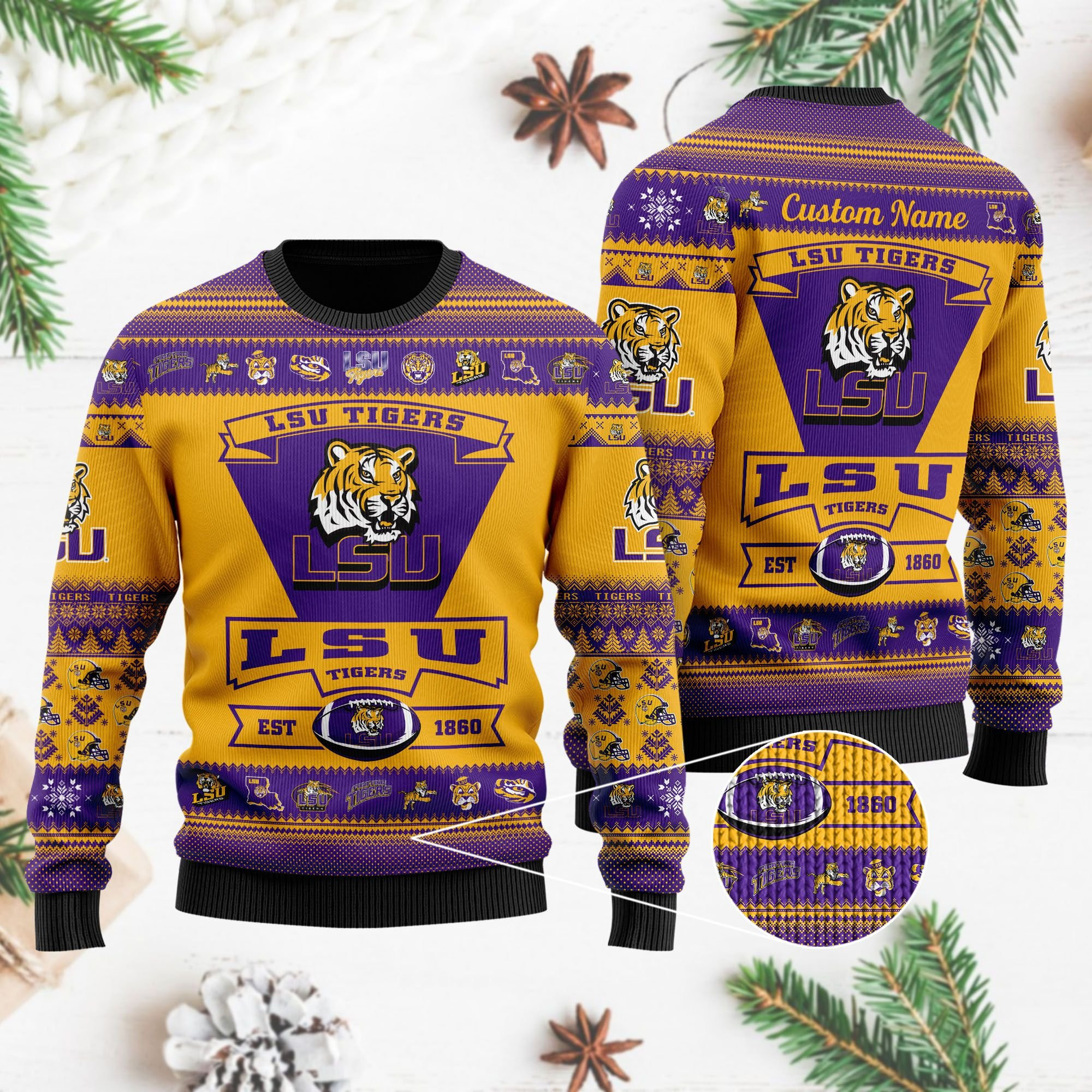 Lsu Tigers Football Team Logo Custom Name Personalized Ugly Christmas Sweater
