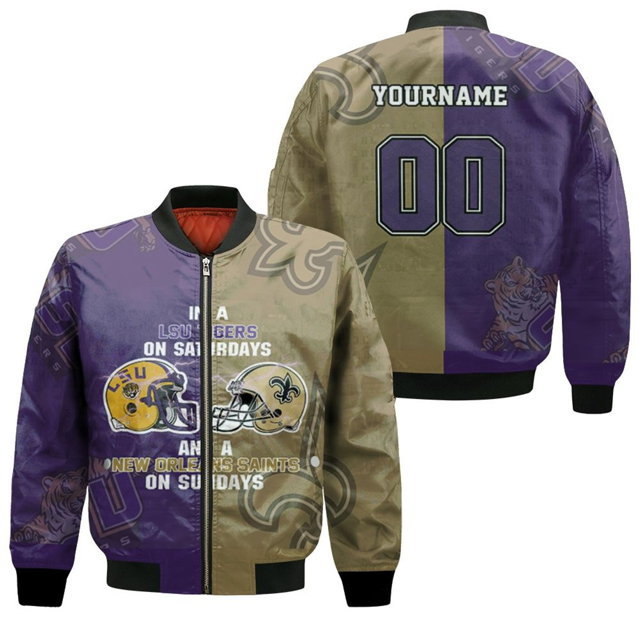 LSU Tigers Personalized Name Number On Saturdays And New Orleans Saints On Sundays Bomber Jacket | NCAA College Team Jacket for Men & Women