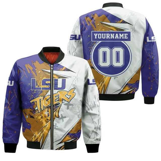 LSU Tigers Personalized Name Number Purple White Bomber Jacket | NCAA College Team Jacket for Men & Women | Sports Fan Gift