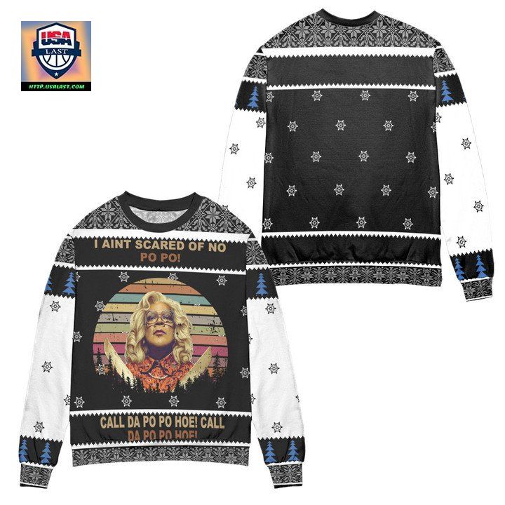Madea Reunion Call Da Po Po Hoe Snowflake Ugly Christmas Sweater Black White