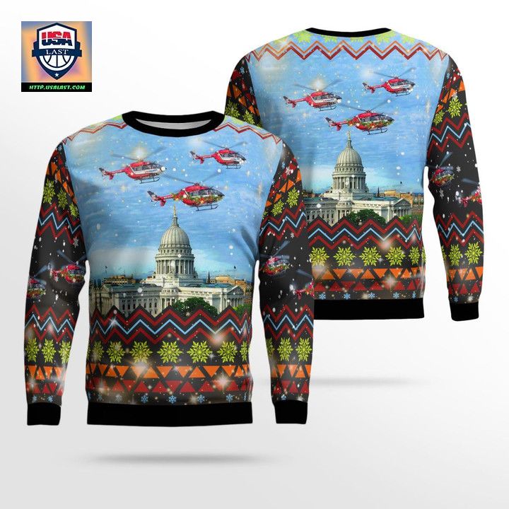 Madison Wisconsin UW Med Flight Eurocopter EC 145 Christmas Sweater 3D