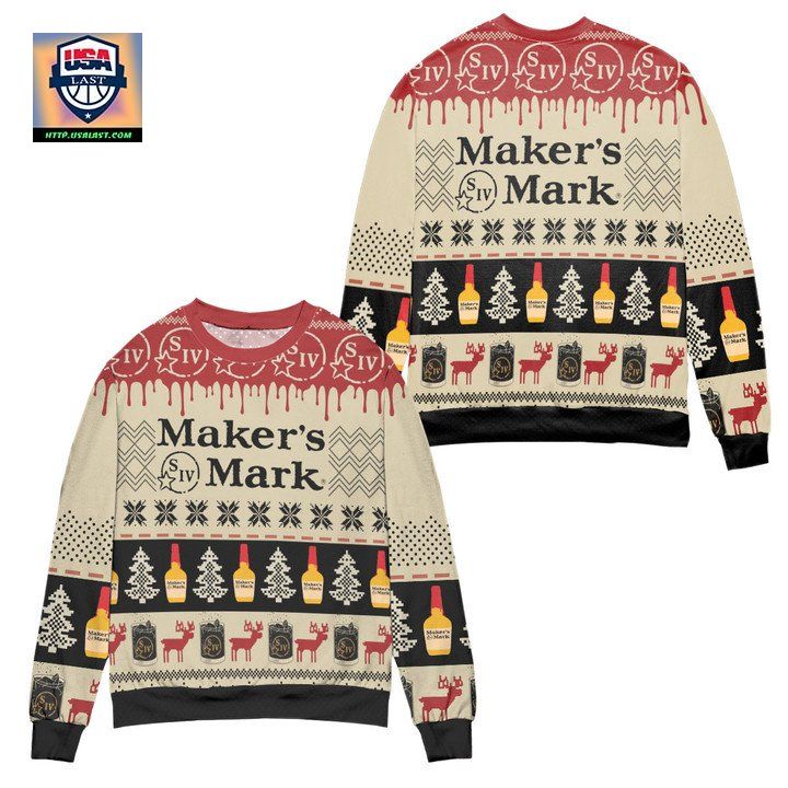 Makers Mark Bourbon Whisky Pine Tree Reindeer Ugly Christmas Sweater