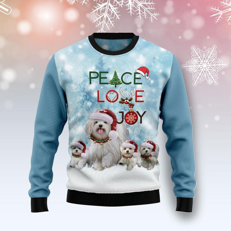 Maltese Peace Love Joy Ugly Christmas Sweater, Perfect Holiday Gift