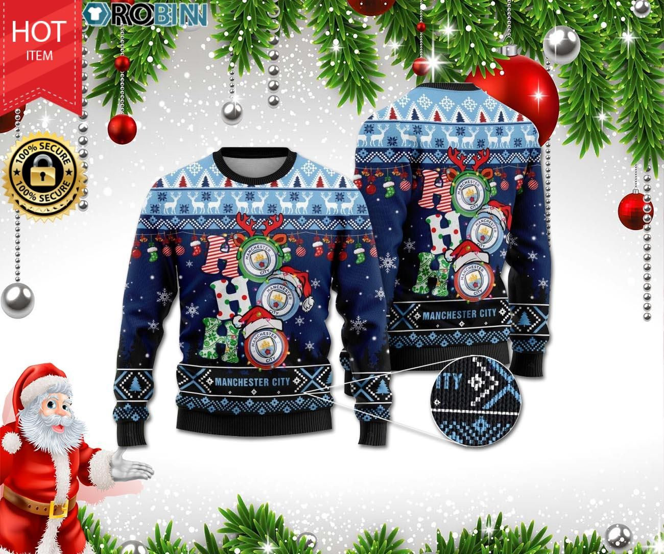 Manchester City Ho Ho Ho 3D Print Ugly Christmas Sweater Perfect Holiday Gift