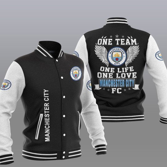 Manchester City One Team One Life One Love Black Baseball Jacket for Men & Women | Soccer Team Fan Gift