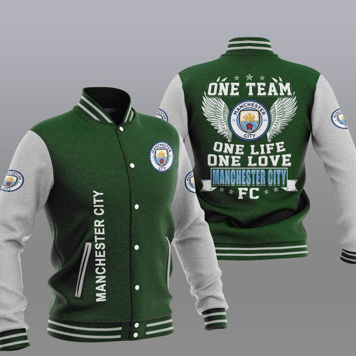 Manchester City One Team One Life One Love Green Baseball Jacket for Men & Women | Soccer Team Fan Gift