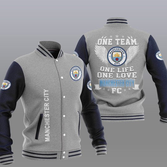 Manchester City One Team One Life One Love Grey Blue Baseball Jacket for Men & Women | Soccer Team Fan Gift
