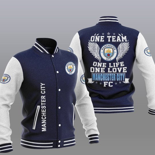 Manchester City One Team One Life One Love Navy Blue Baseball Jacket for Men & Women | Soccer Team Fan Gift