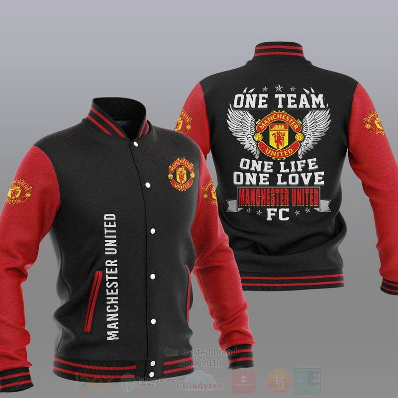 Manchester United Black Red One Team Varsity Baseball Jacket for Men & Women | Soccer Team Fan Gift
