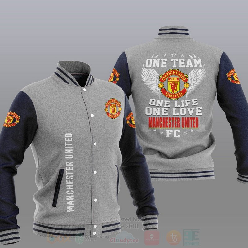 Manchester United Grey Blue One Team Varsity Baseball Jacket for Men & Women | Soccer Team Fan Gift