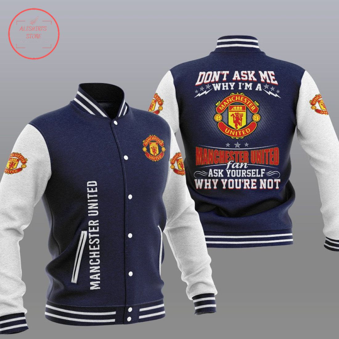 Manchester United Navy Blue Don't Ask Me Baseball Jacket Varsity Baseball Jacket for Men & Women | Soccer Team Fan Gift