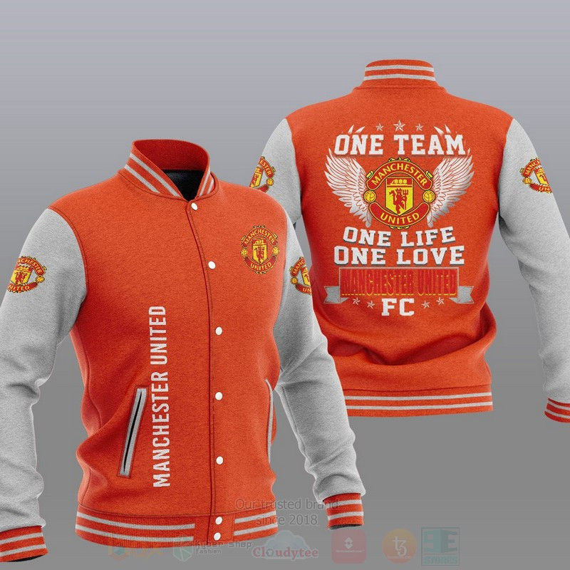Manchester United Orange Grey One Team Varsity Baseball Jacket for Men & Women | Soccer Team Fan Gift