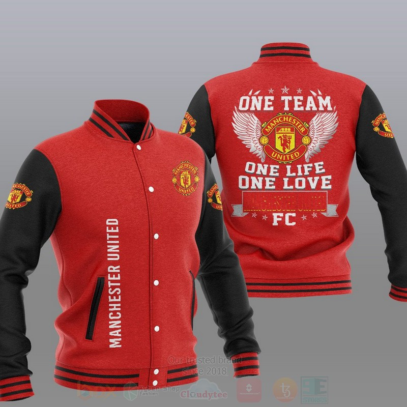 Manchester United Red Black One Team Varsity Baseball Jacket for Men & Women | Soccer Team Fan Gift