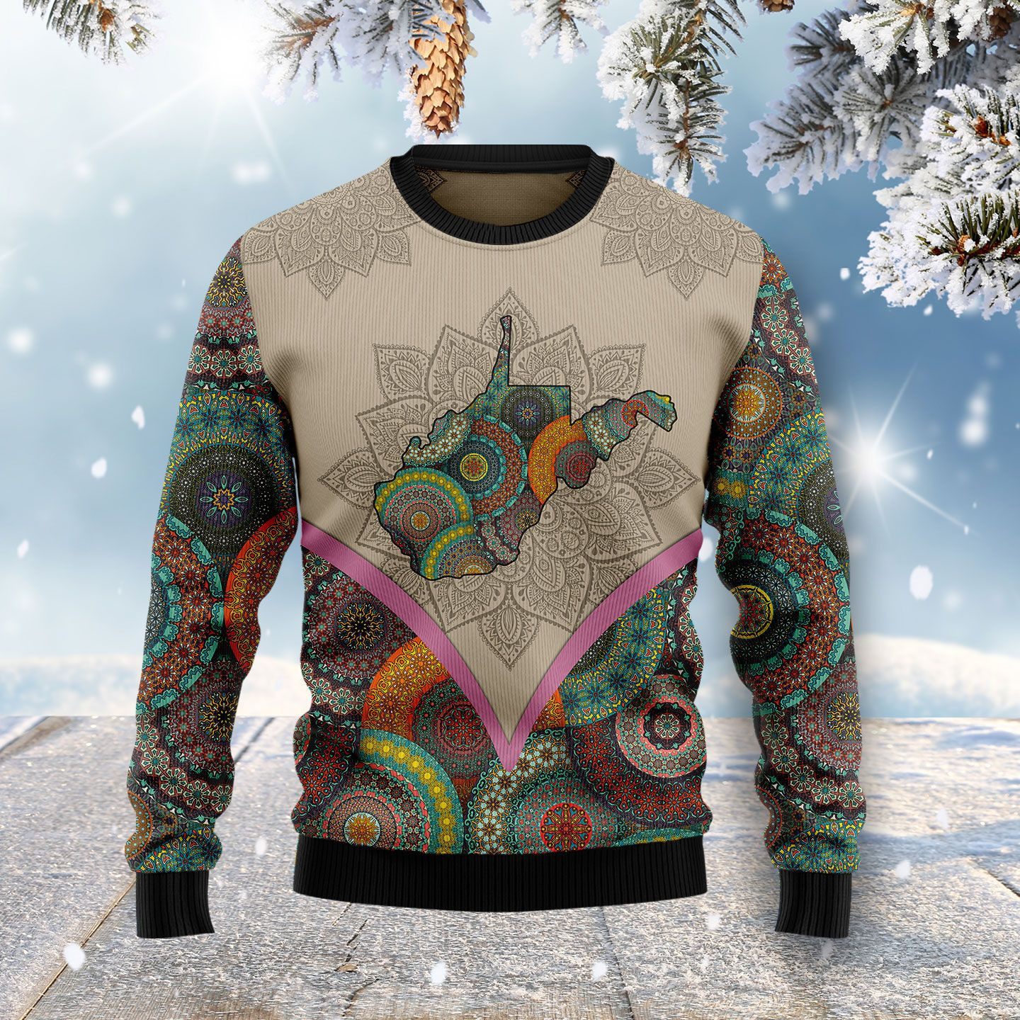 Mandala West Virginia Home Ugly Christmas Sweater, Perfect Holiday Gift
