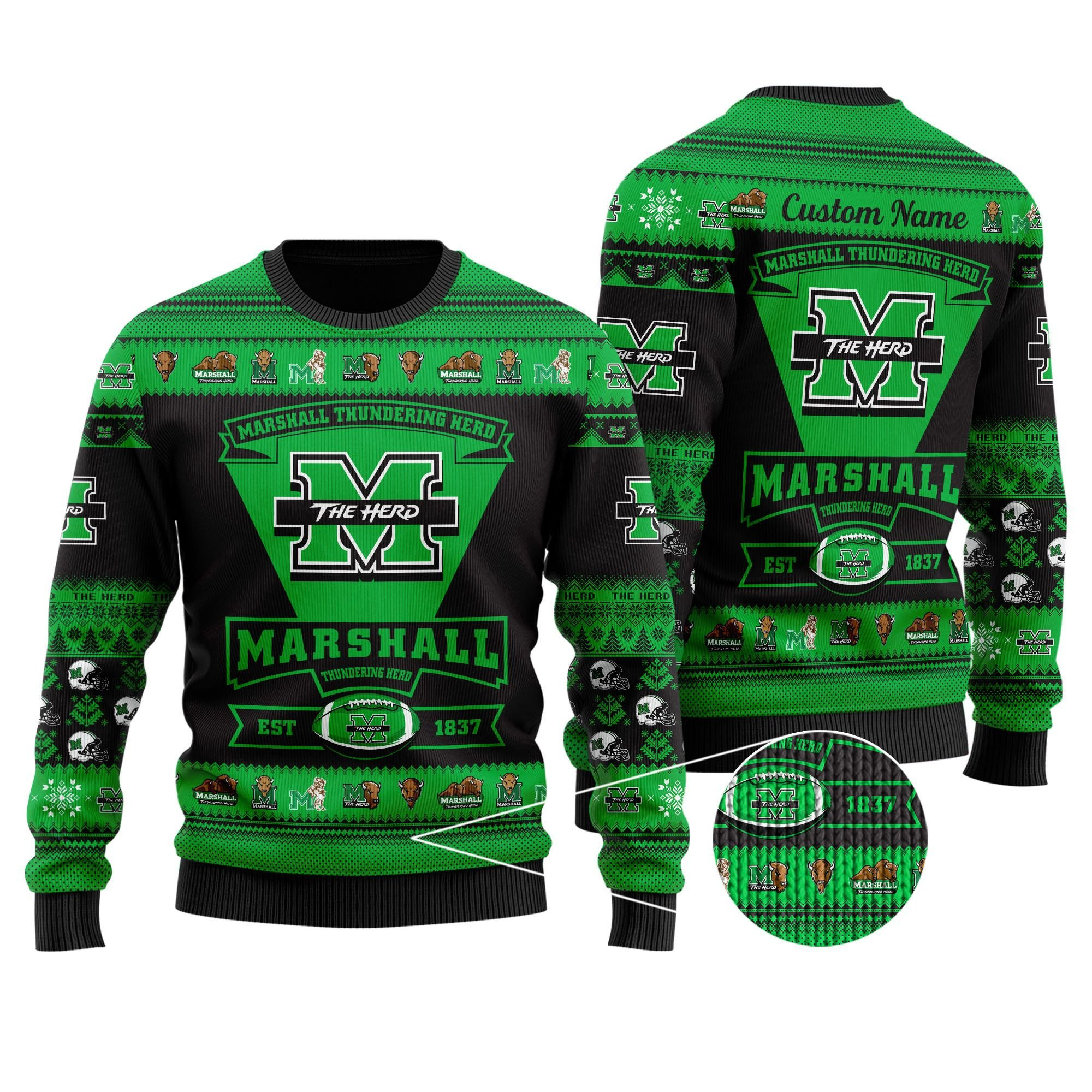 Marshall Thundering Herd Football Team Logo Personalized Ugly Christmas Sweater, Perfect Holiday Gift