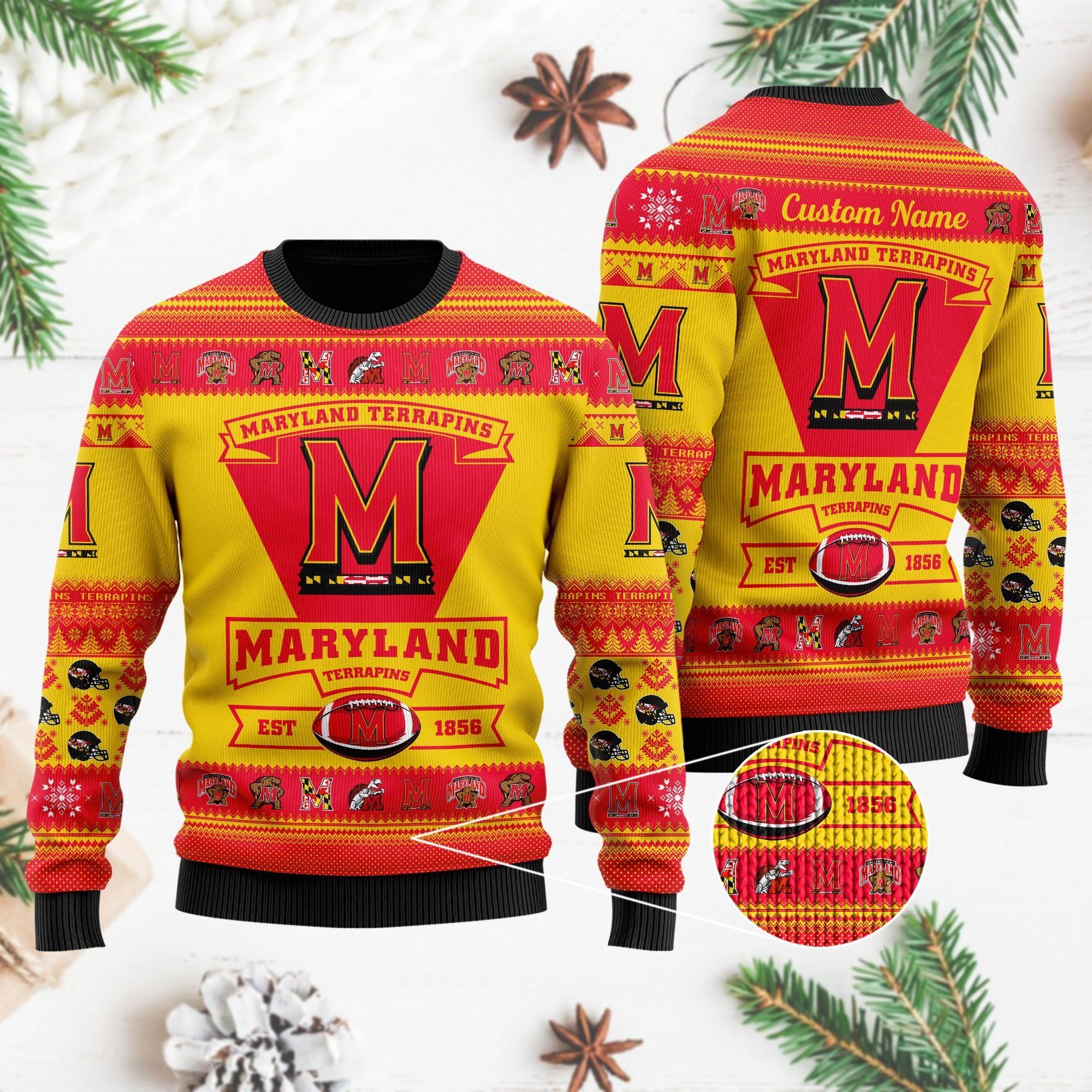 Maryland Terrapins Football Team Logo Custom Name Personalized Ugly Christmas Sweater Holiday Party Men Women Plus Size