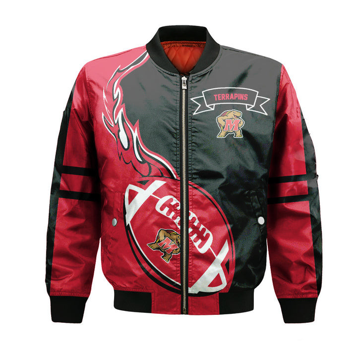 Maryland Terrapins Red Ball Black Bomber Jacket | NCAA College Team Jacket for Men & Women | Sports Fan Gift