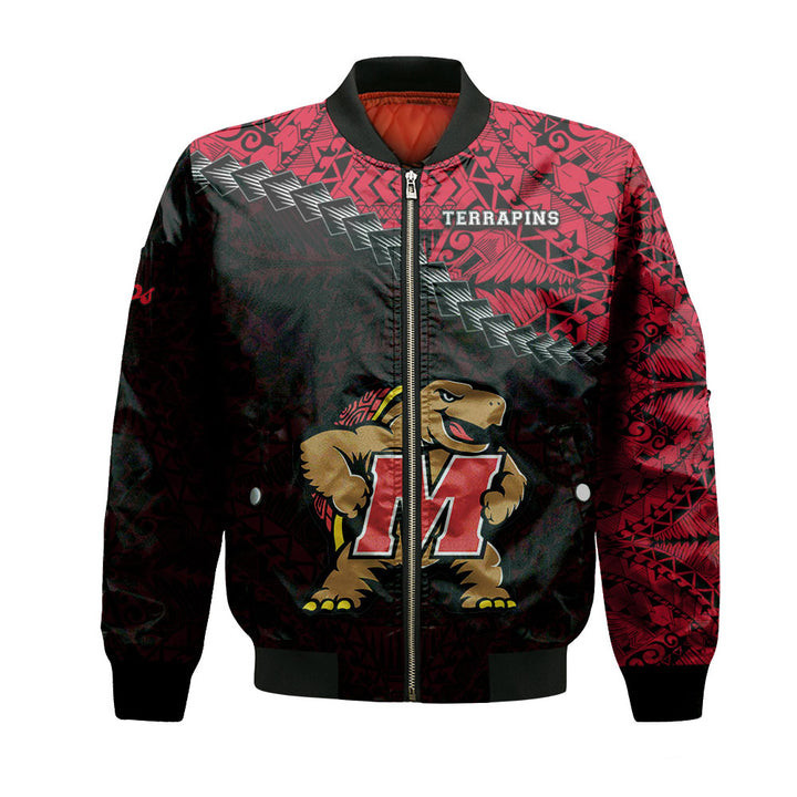 Maryland Terrapins Red Black Polynesian Bomber Jacket | NCAA College Team Jacket for Men & Women | Sports Fan Gift
