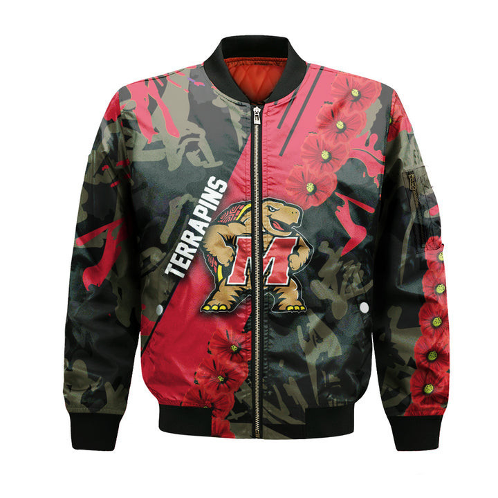 Maryland Terrapins Red Flowers Bomber Jacket | NCAA College Team Jacket for Men & Women | Sports Fan Gift