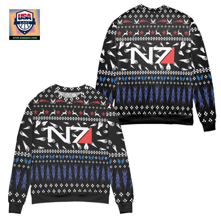 Mass Effect N7 Logo Reindeer Pattern Ugly Christmas Sweater Black