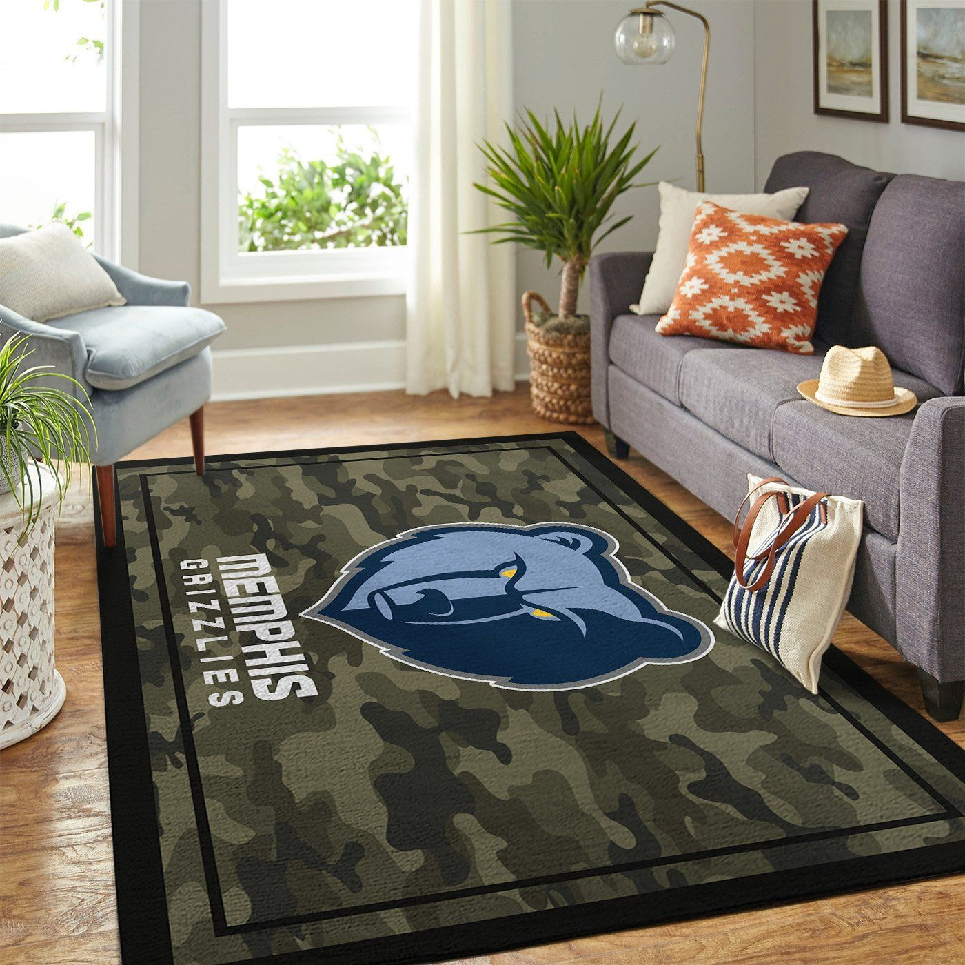 Memphis Grizzlies Team Logo Camo Rectangle Area Rug – Full Print Carpet For Living Room & Bedroom Home Decor